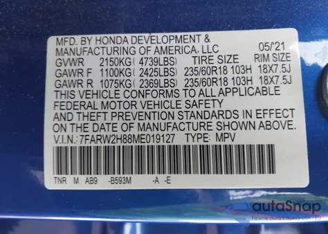 2021 Honda Cr-V Awd Ex-L from USA, damaged, VIN 7FARW2H88ME019127